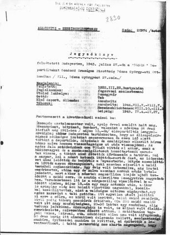 Részlet a Deportáltakat Gondozó Országos Bizottság által felvett jegyzőkönyvekből (Forrás: DEGOB-jegyzőkönyvek: 2830, MZSL)
